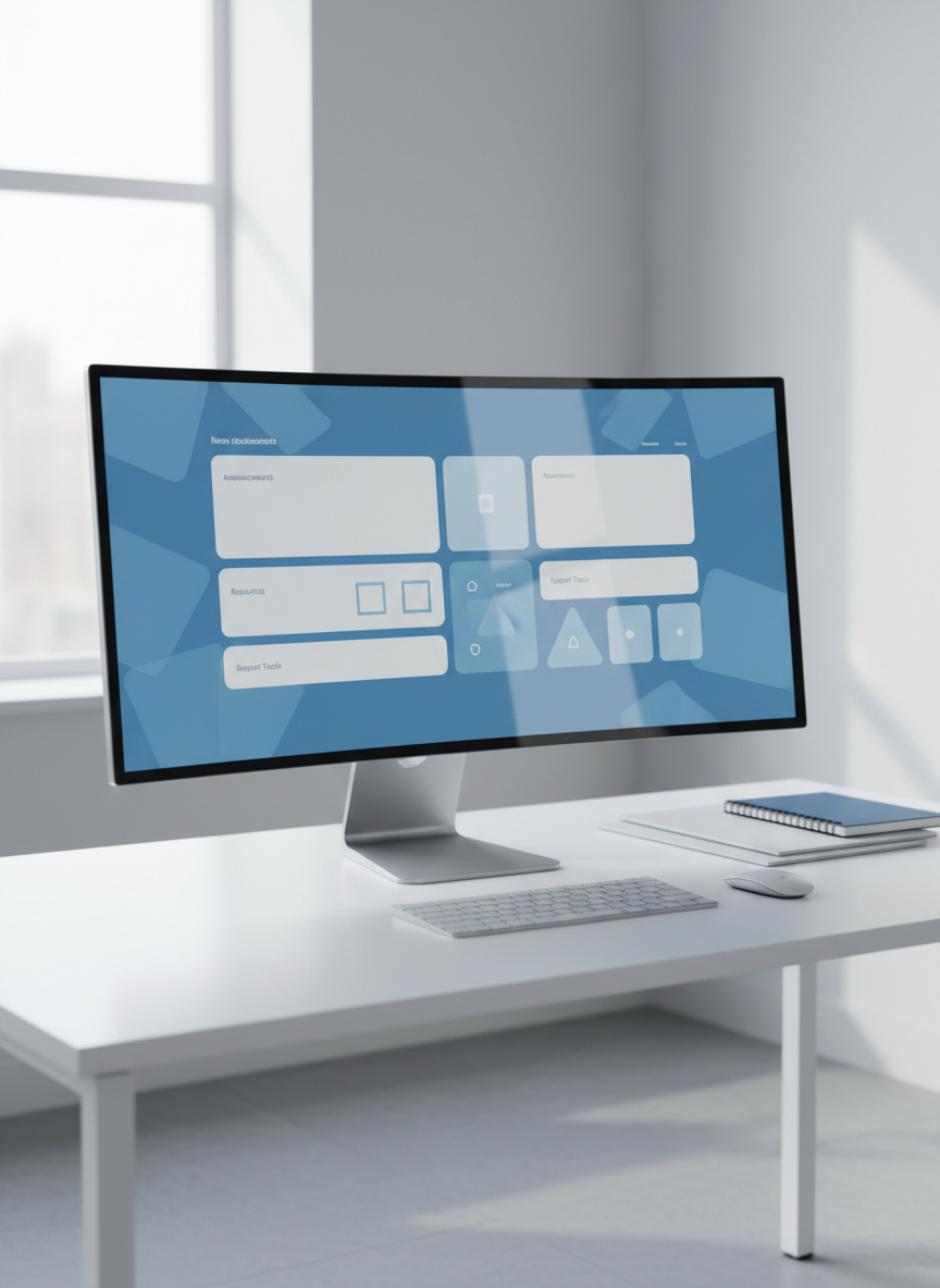 A sleek, ultra-wide digital dashboard displayed on a thin, frameless monitor, showing abstract widgets for announcements, resources, and support tools in clean geometric shapes without any readable text. The screen sits on a minimalist white desk with a silver keyboard and wireless mouse, surrounded by neatly stacked folders and a subtle corporate-blue notebook. Soft, diffused daylight from a large office window casts gentle reflections on the gloss of the screen and a faint shadow behind the monitor. Shot at eye level with sharp focus throughout, the composition uses the rule of thirds to emphasize the portal interface. The photographic realism and cool, neutral tones create a professional, organized, and welcoming atmosphere appropriate for a corporate intranet home page.