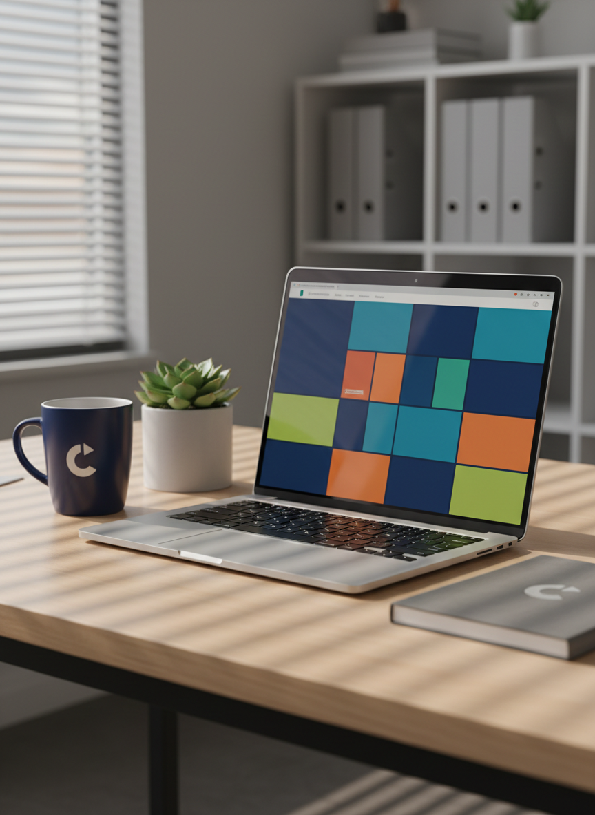 A close-up of a slim, silver laptop on a tidy desk in a modern corporate office, its screen filled with a structured intranet homepage made of colorful, abstract tiles and panels without legible text. Around the laptop sit a branded-style ceramic mug in corporate navy, a small green succulent in a matte white pot, and a neatly bound employee handbook. Late-afternoon natural light filters through venetian blinds, casting soft linear shadows across the desk surface and creating delicate highlights on the laptop edges. Captured from a three-quarter angle with shallow depth of field, the foreground elements are crisp while the background office shelves blur into gentle bokeh. The mood is focused, supportive, and reassuring, reflecting easy access to resources and internal support.
