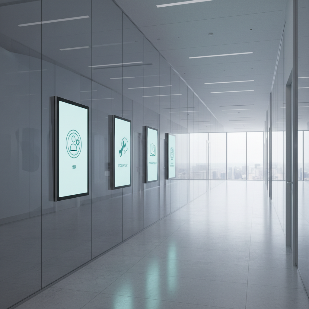 A long, glass-walled corporate hallway featuring a row of wall-mounted digital displays, each showing stylized, text-free icons representing HR, IT support, knowledge base, and internal communications. The displays emit a soft, cool glow that reflects gently on the polished stone floor. Natural daylight pours in from the end of the corridor, blending with subtle recessed ceiling lights to create a bright yet calm environment. Shot from a low, slightly off-center angle to accentuate depth and perspective, the image has sharp focus with leading lines guiding the viewer forward. The photographic realism, clean architectural geometry, and cool professional palette evoke a sense of organized access to information in a modern intranet environment.