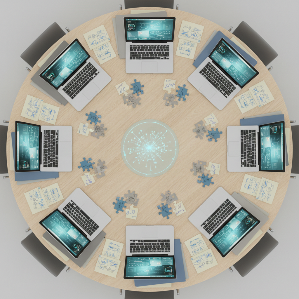 An overhead view of a circular conference table made of light oak, covered with neatly arranged work tools: slim laptops showing abstract intranet dashboards, color-coded folders, sticky notes with illegible scribbles, and interlocking puzzle-shaped acrylic tokens symbolizing collaboration. In the center, a frosted-glass disc with subtle engraved network lines suggests a digital hub. Soft, even studio lighting eliminates harsh shadows, creating a clean, balanced look. The composition forms a radial pattern drawing the eye to the center, captured in crisp photographic detail. Muted blues, grays, and natural wood tones convey professionalism, organization, and internal teamwork, ideal for illustrating company culture and connected communication on an intranet portal.